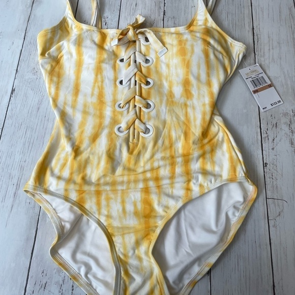 Michael Kors Yellow Tie-Dye Lace-Up One-Piece Swimsuit Size 12 NWT - Picture 3 of 6